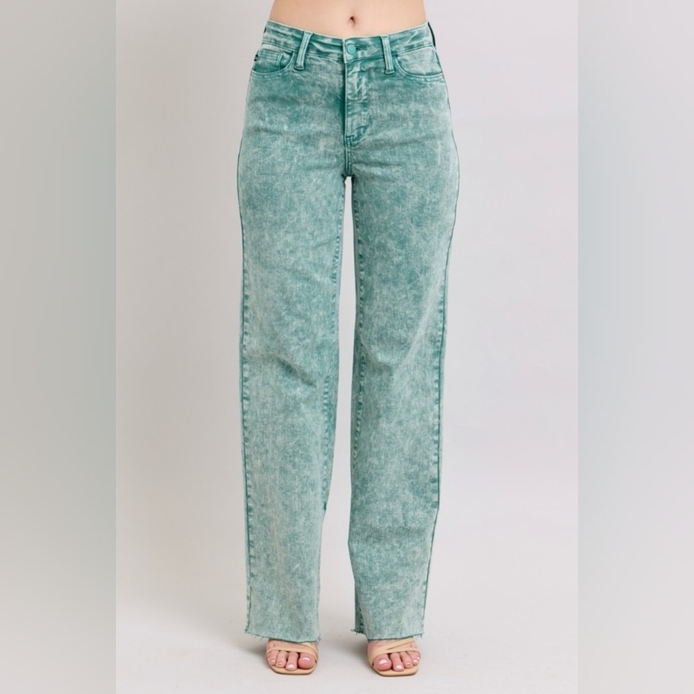 SOLD OUT Judy Blue HR Garment Dyed Straight Leg Raw Hem Dad Jeans Sea Green